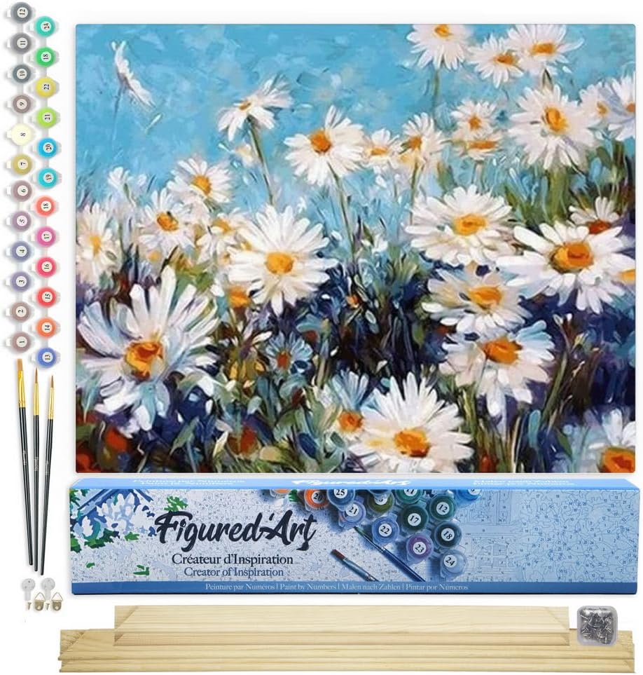 Malen nach Zahlen Set Gänseblümchen und blauer Himmel mit Rahmen, 40x50cm, Gänseblümchen und blauer Himmel 40x50cm Mit Keilrahmen (nicht gespannt)
