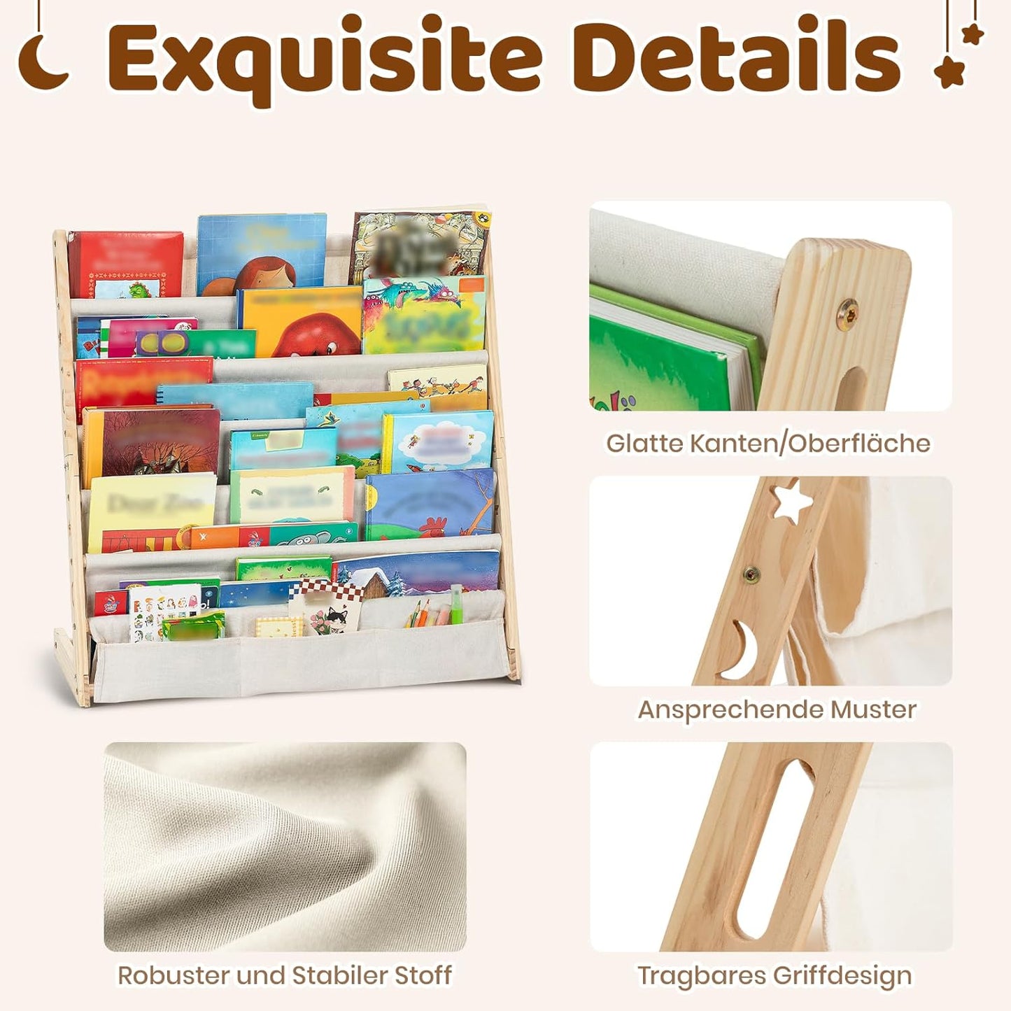 Kinderbücherregal mit Stofffächern, Naturholzfarbe X-Large