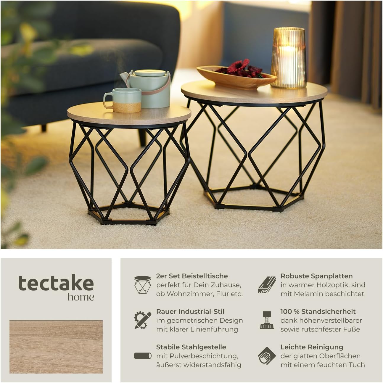 Couchtisch-Set Benham, Industrial Holz Hell, Eiche Sonoma 2er Set Benham