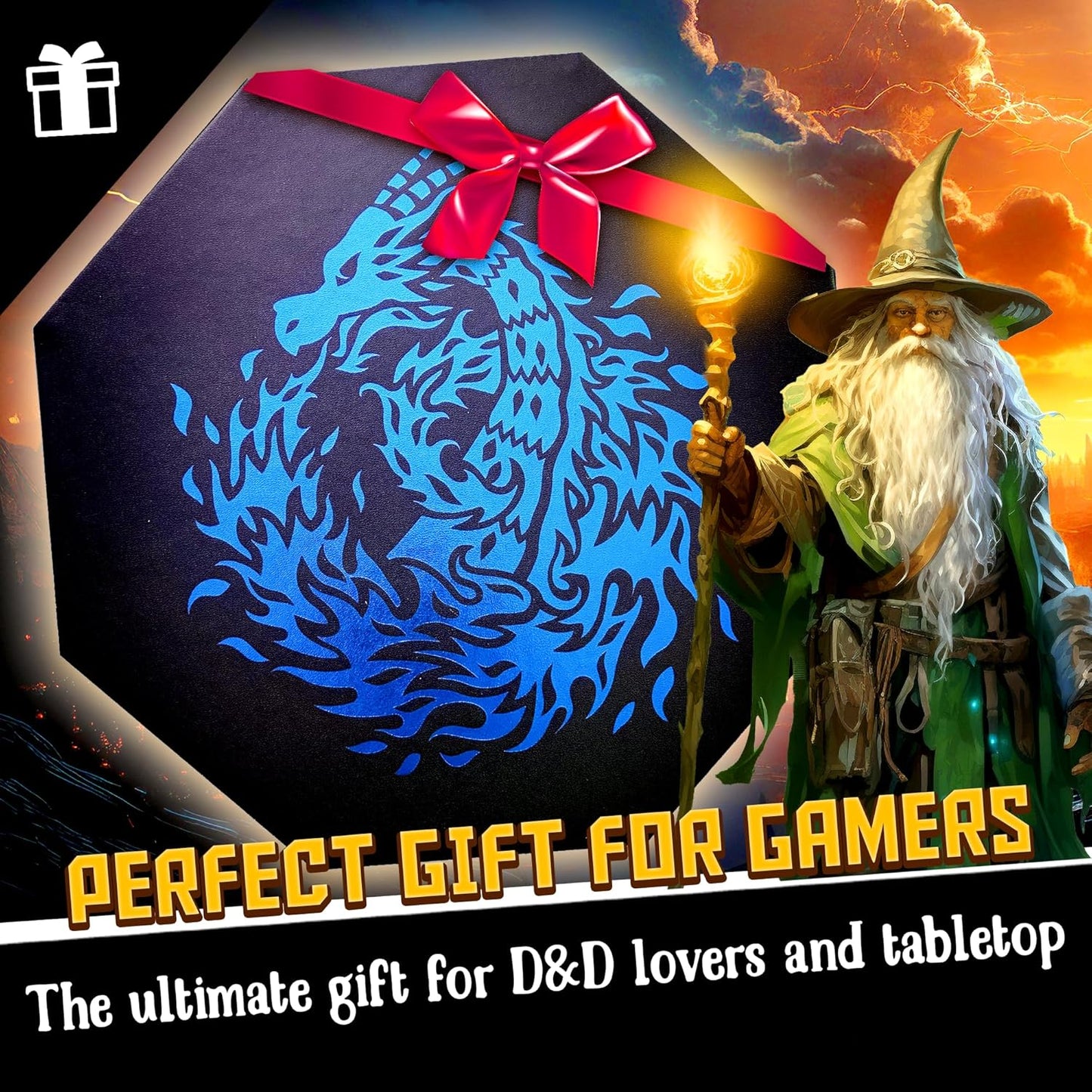 Fire Dragon Würfelschale mit Deckel und Hexenbuchmotiv, Blue Wizard