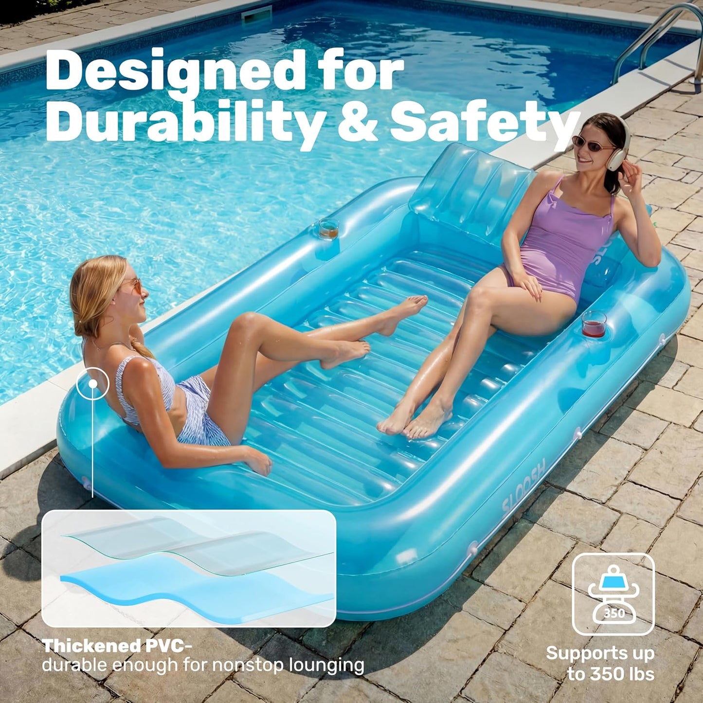 Aufblasbarer Sonnenpool mit abnehmbarem Kissen und Getränkehalter, Blau XL