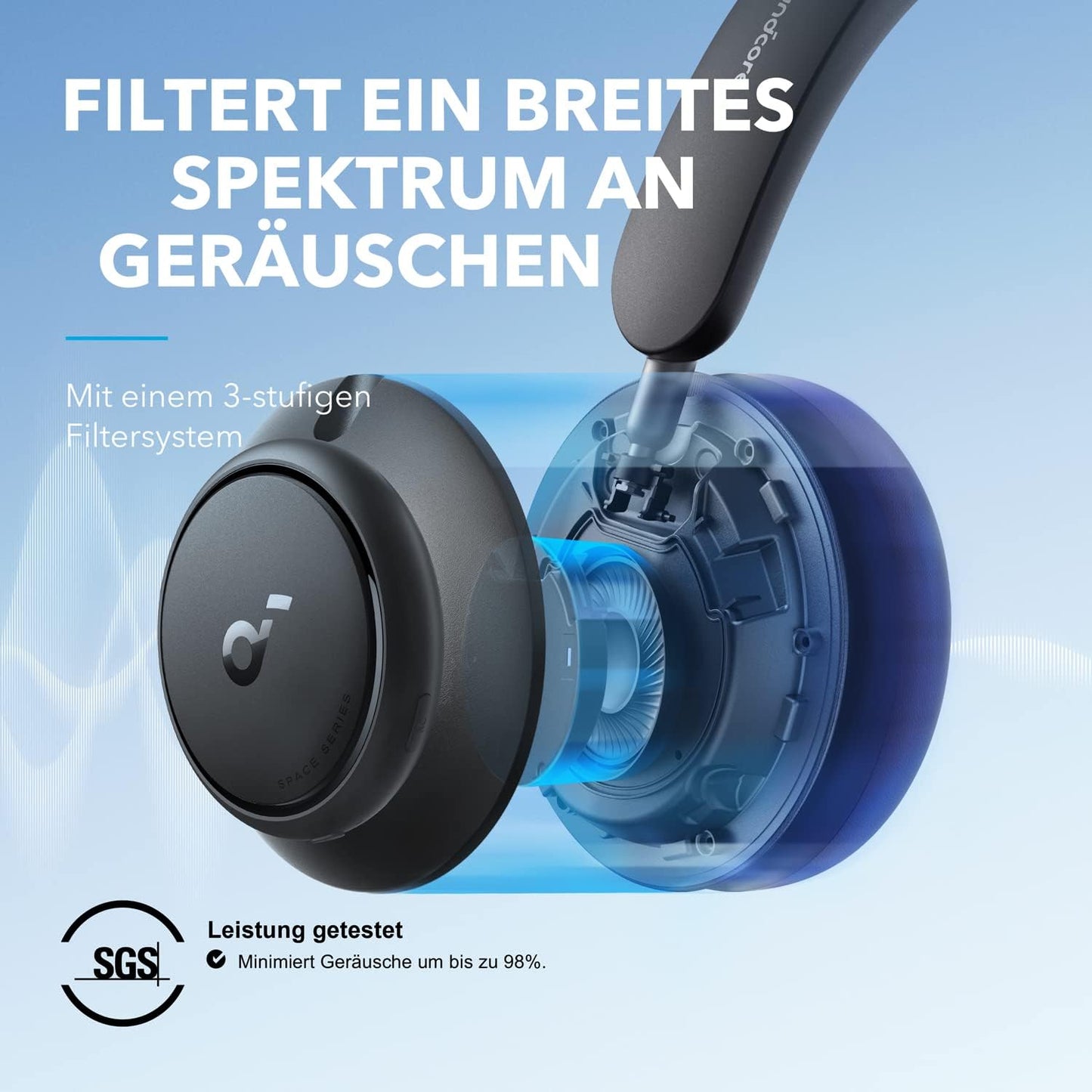 Bluetooth Kopfhörer Space Q45 mit Geräuschunterdrückung und App, Schwarz
