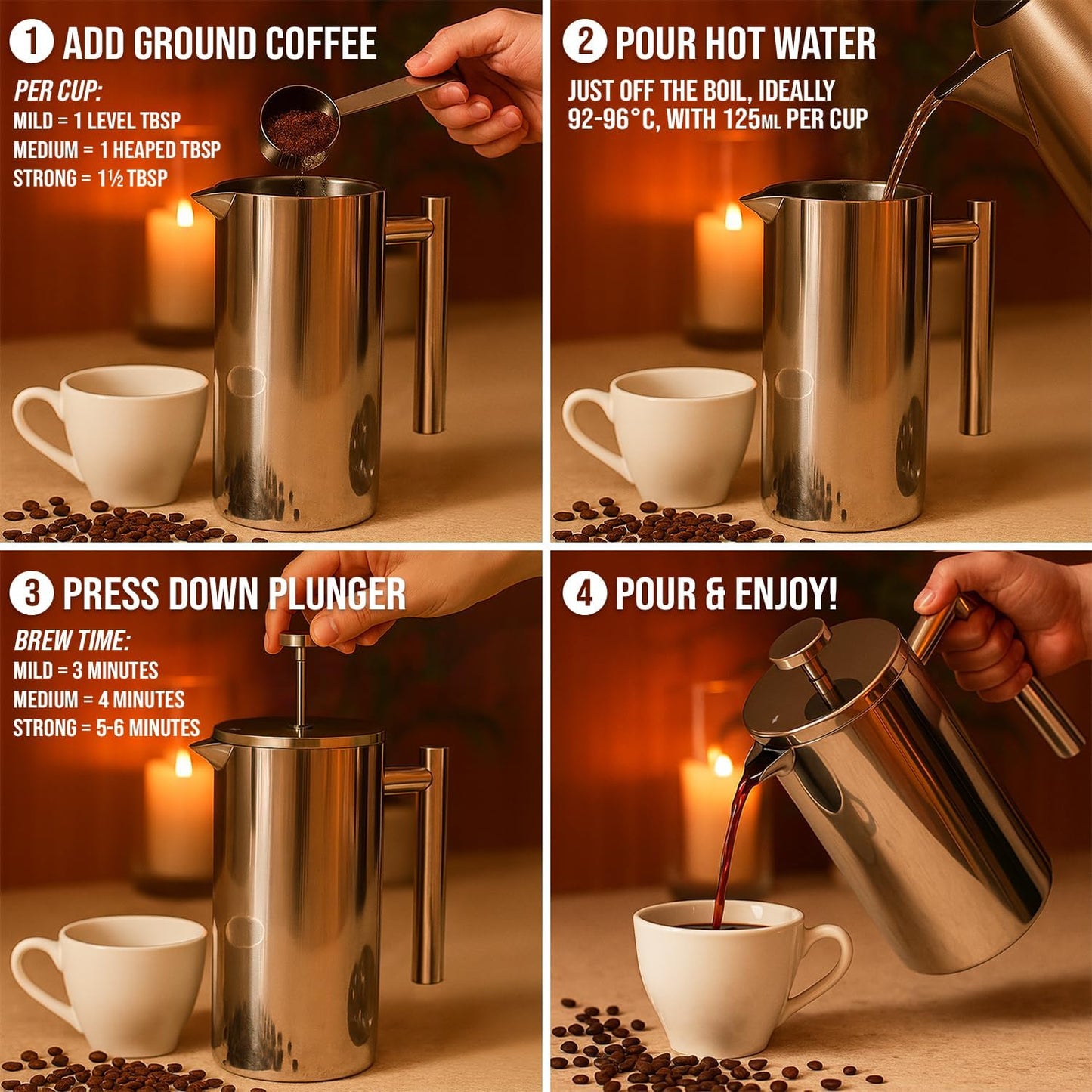 Edelstahl French Press 1L Kaffeemaschine