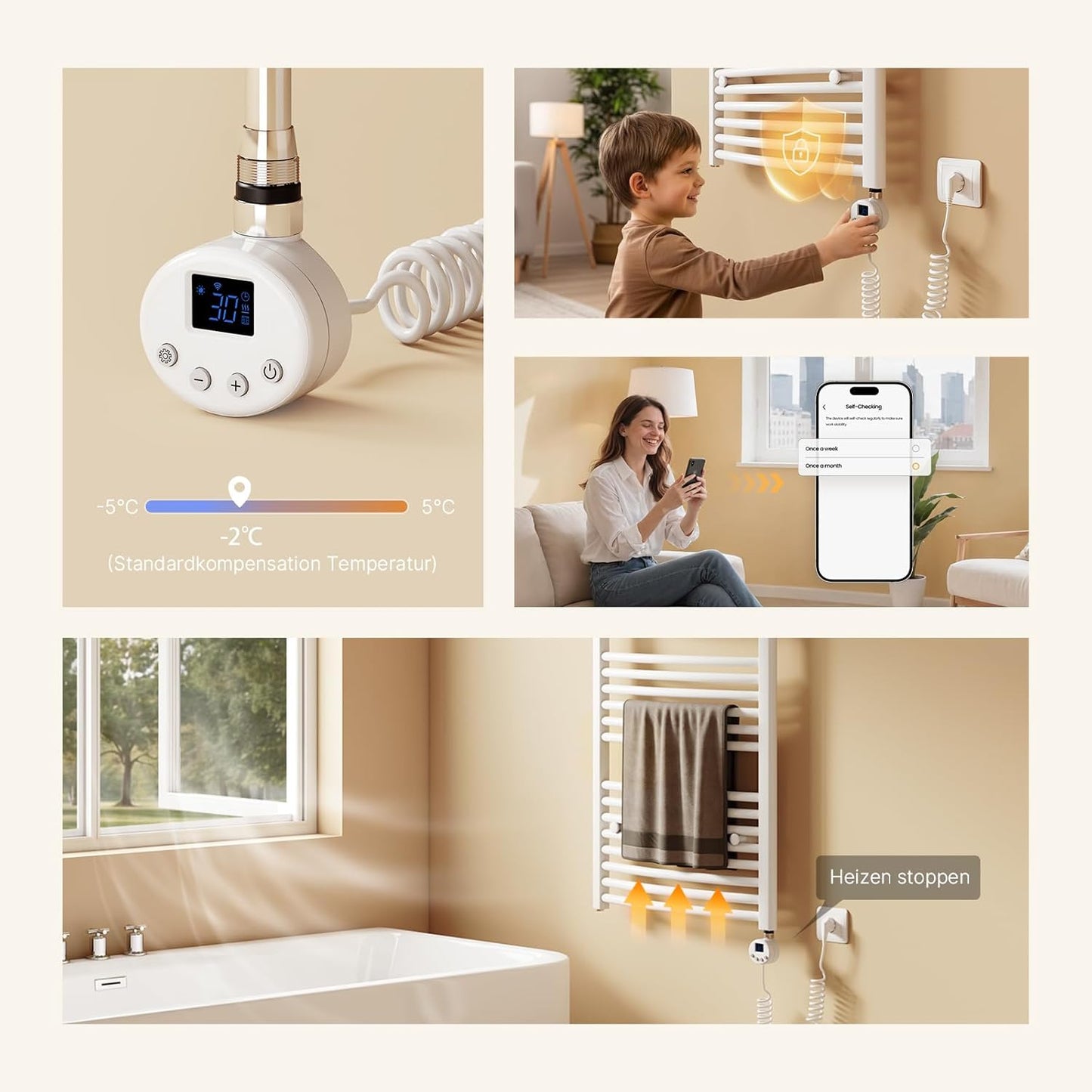 Heizstab mit Thermostat für Badheizkörper, 900 W Weiss - Wifi Model