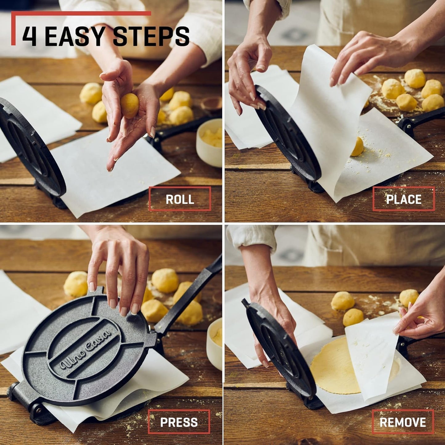 Tortilla Presse mit 100 Blatt Backpapier, 25 CM