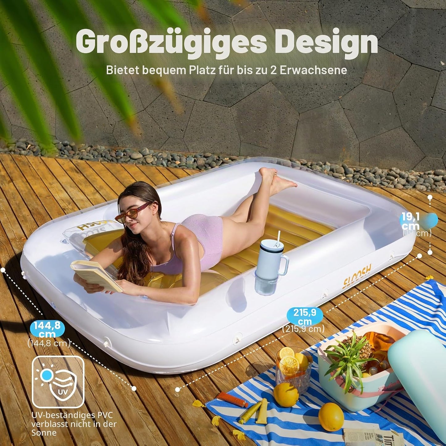 Aufblasbarer Sonnenpool mit abnehmbarem Kissen und Getränkehalter, Gold-Weiss XL