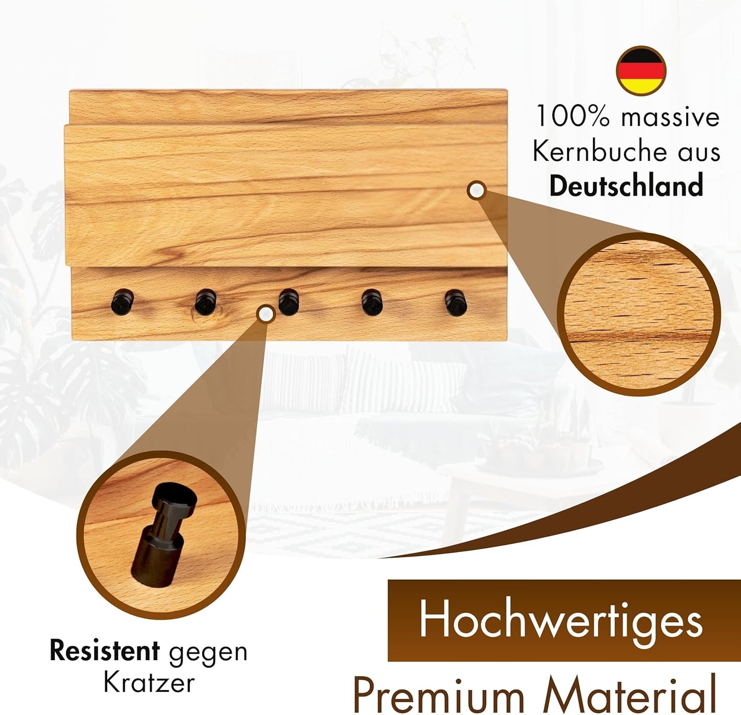 Schlüsselbrett mit Ablage, Kernbuche (schwarze Haken)
