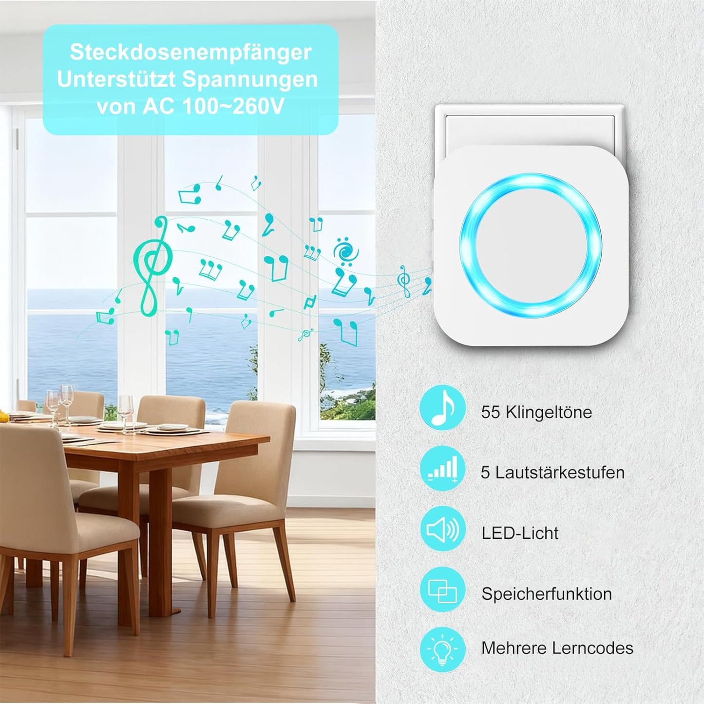 Funkklingel-Set mit LED-Blitz (2 Sender, 1 Empfänger), 1 Empfänger+2 Sender