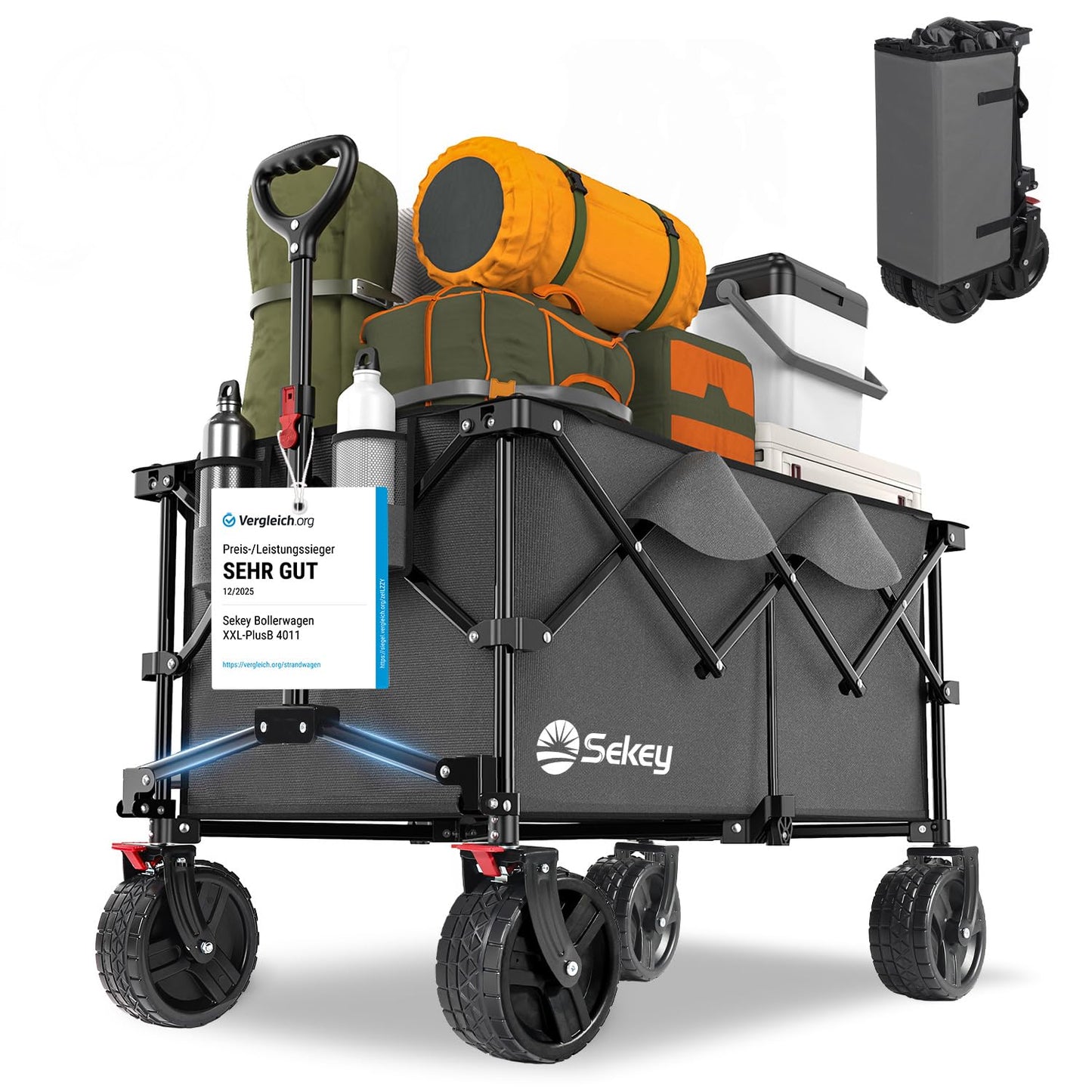 Faltbarer XXL Bollerwagen mit Bremsen 200L 200KG, Anthrazit 8cm Räder