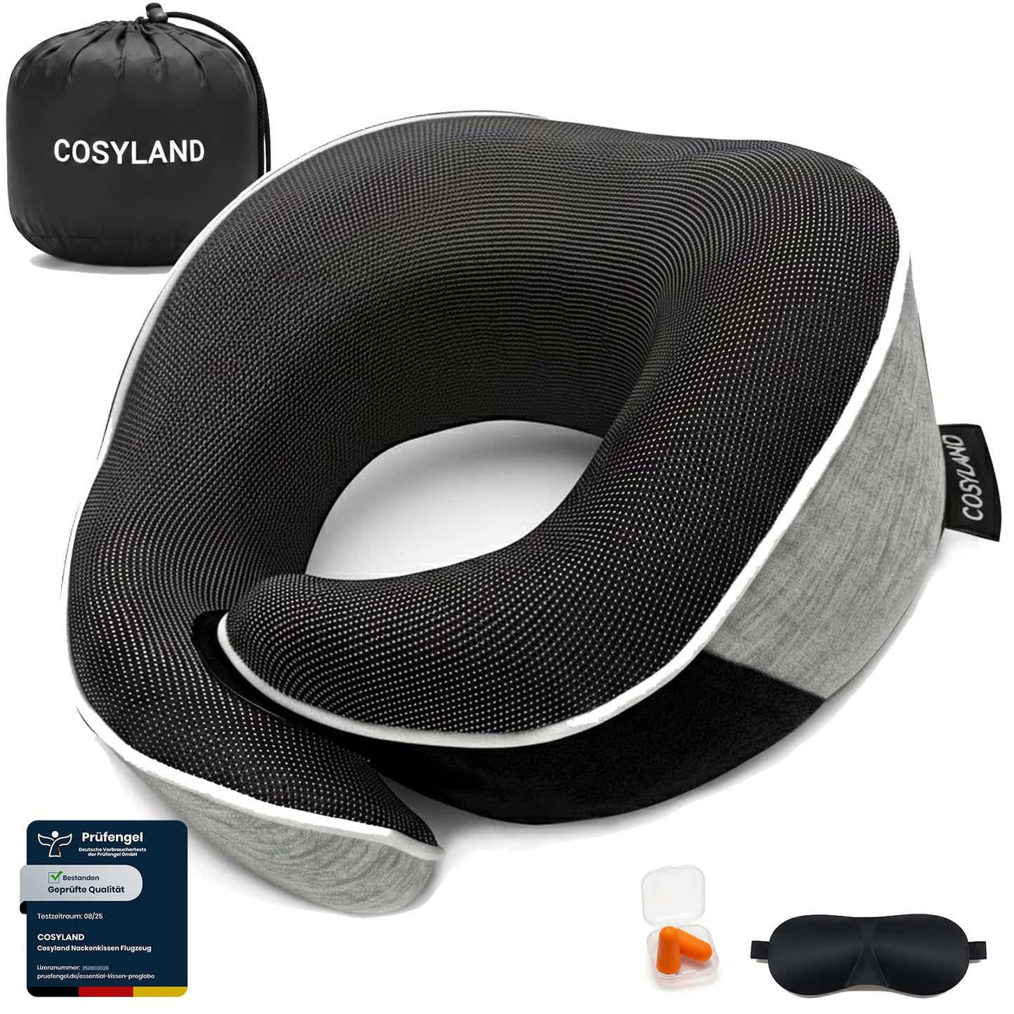 Reisekissen 360° Memory Foam mit Zubehör-Set, Grau