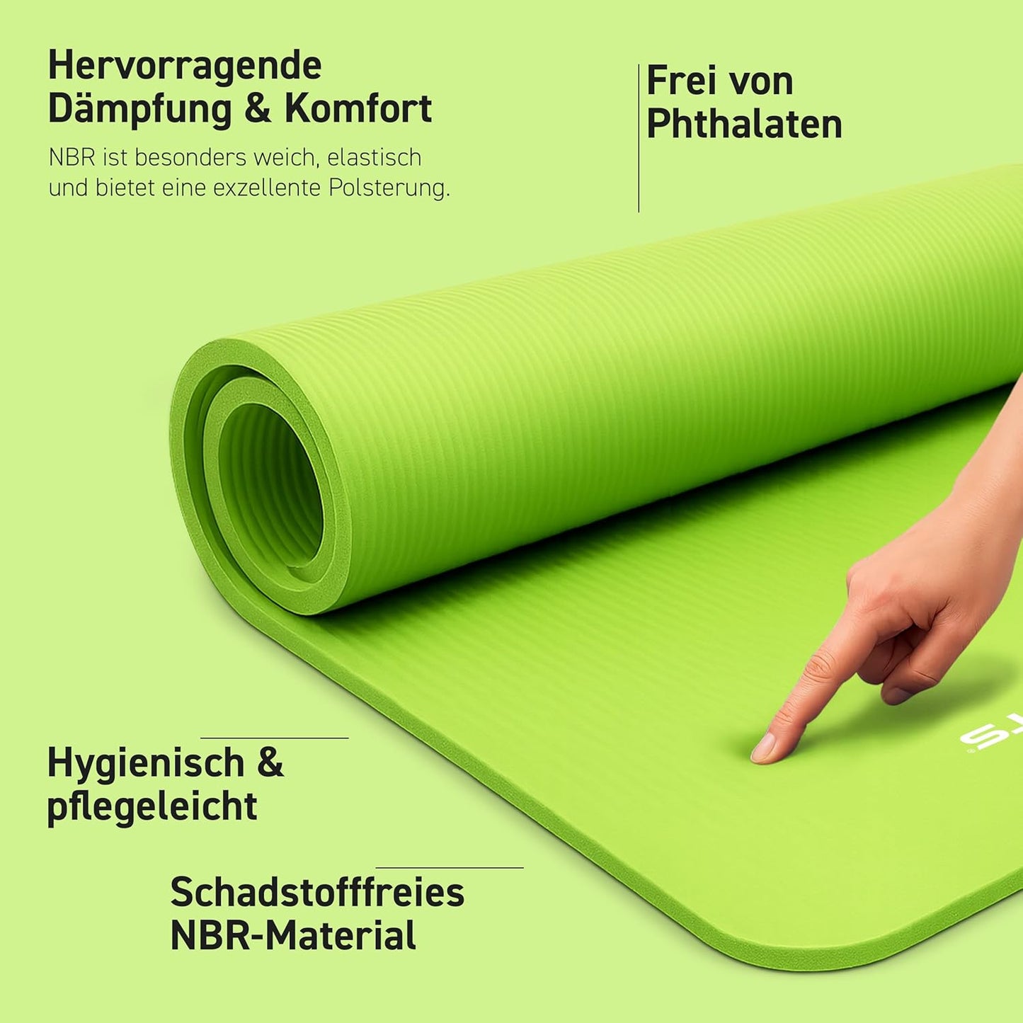 Gymnastikmatte Premium mit Tragegurt & Übungsposter, Lindgrün 190 x 100 x 1,5 cm