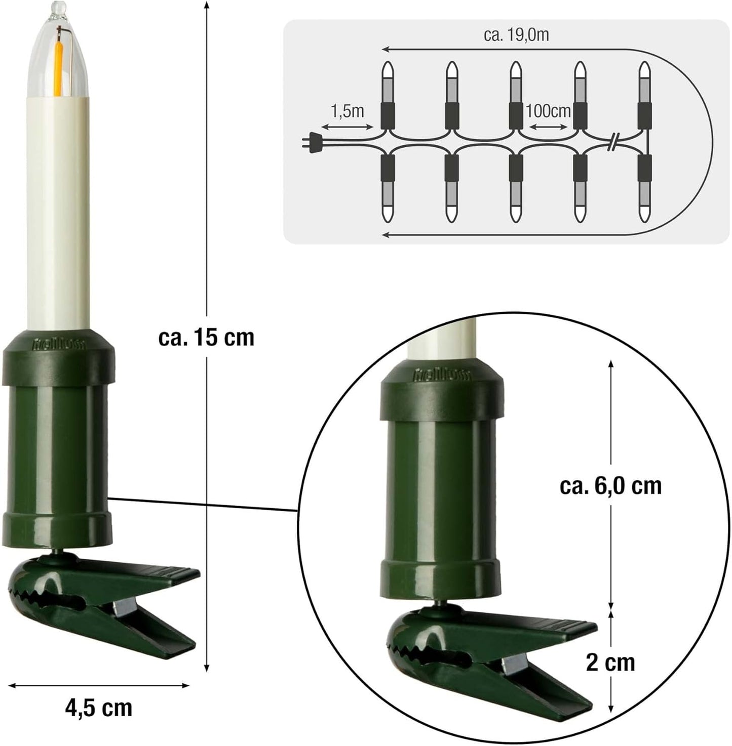 Weihnachtsbaum LED Kerzen-Lichterkette inkl. Ersatzkerzen, teilbarer Stecker, 20 LED-Filament (+2 Ersatz) / beleuchtet 19m, Weiss