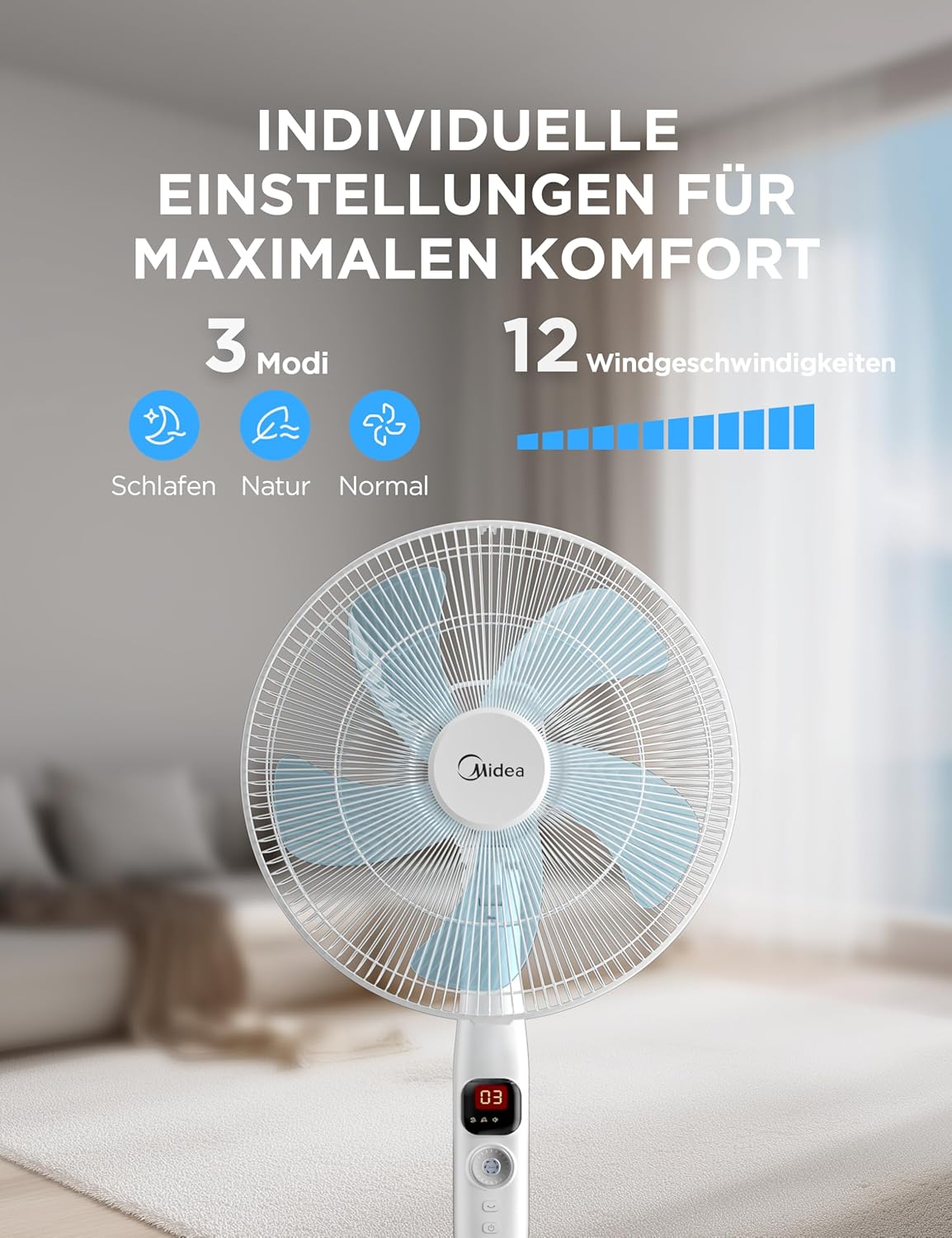 Leiser Standventilator FS40-16CR, 5 Flügelblätter, LED-Anzeige