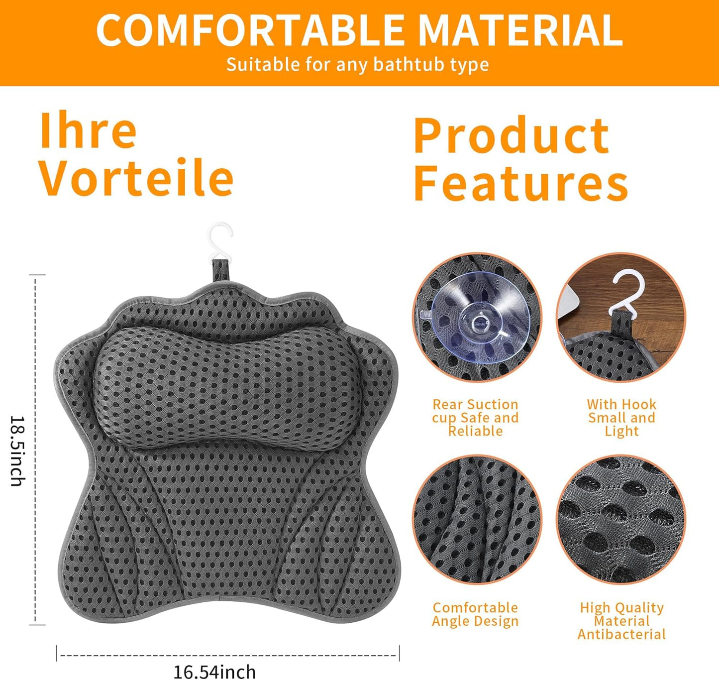 Badewannenkissen mit 4D-Air-Mesh-Technologie, Grau