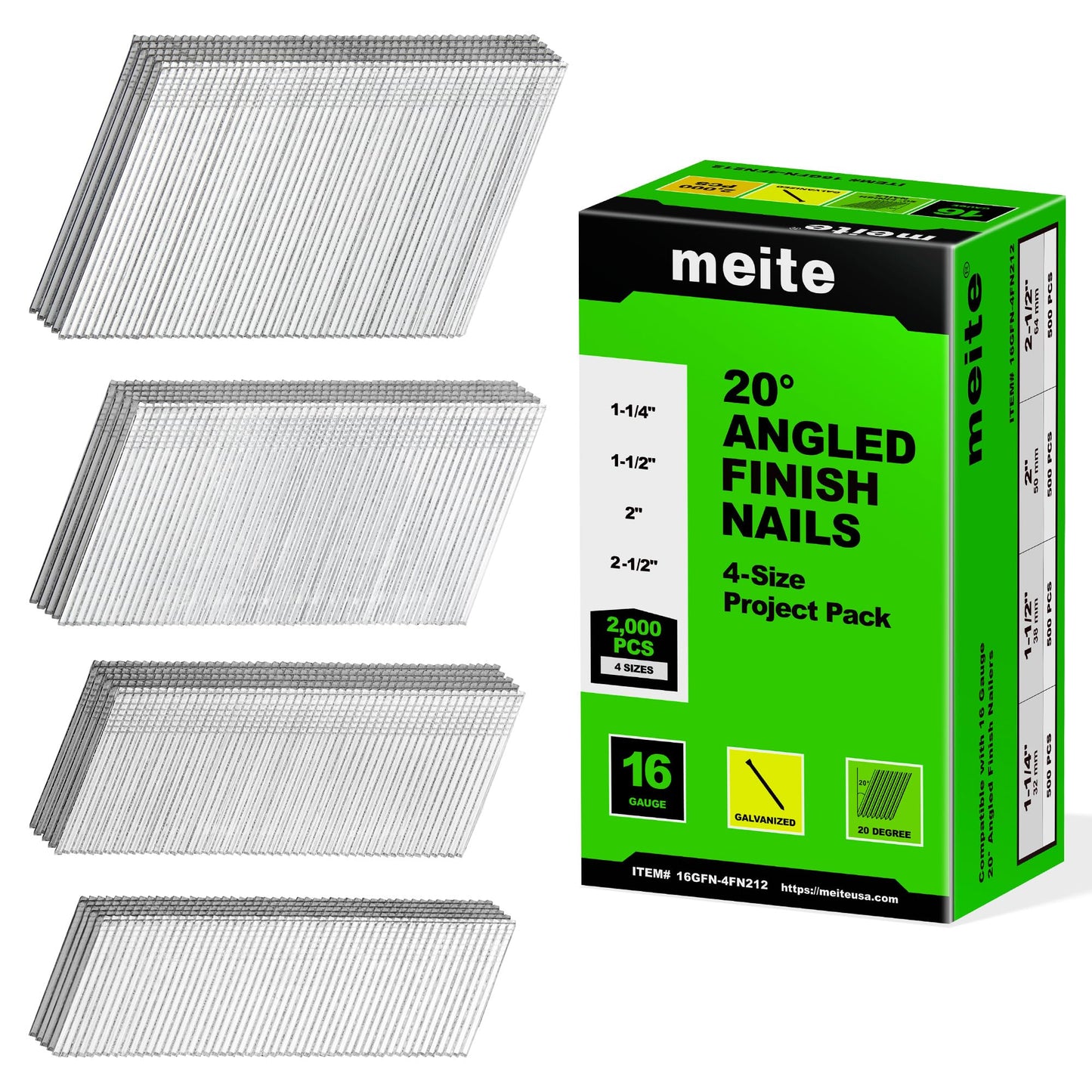 16-Gauge-Nagelsortiment, 2000 Stück, 4 Grössen (32 mm, 38 mm, 50 mm, 64 mm)