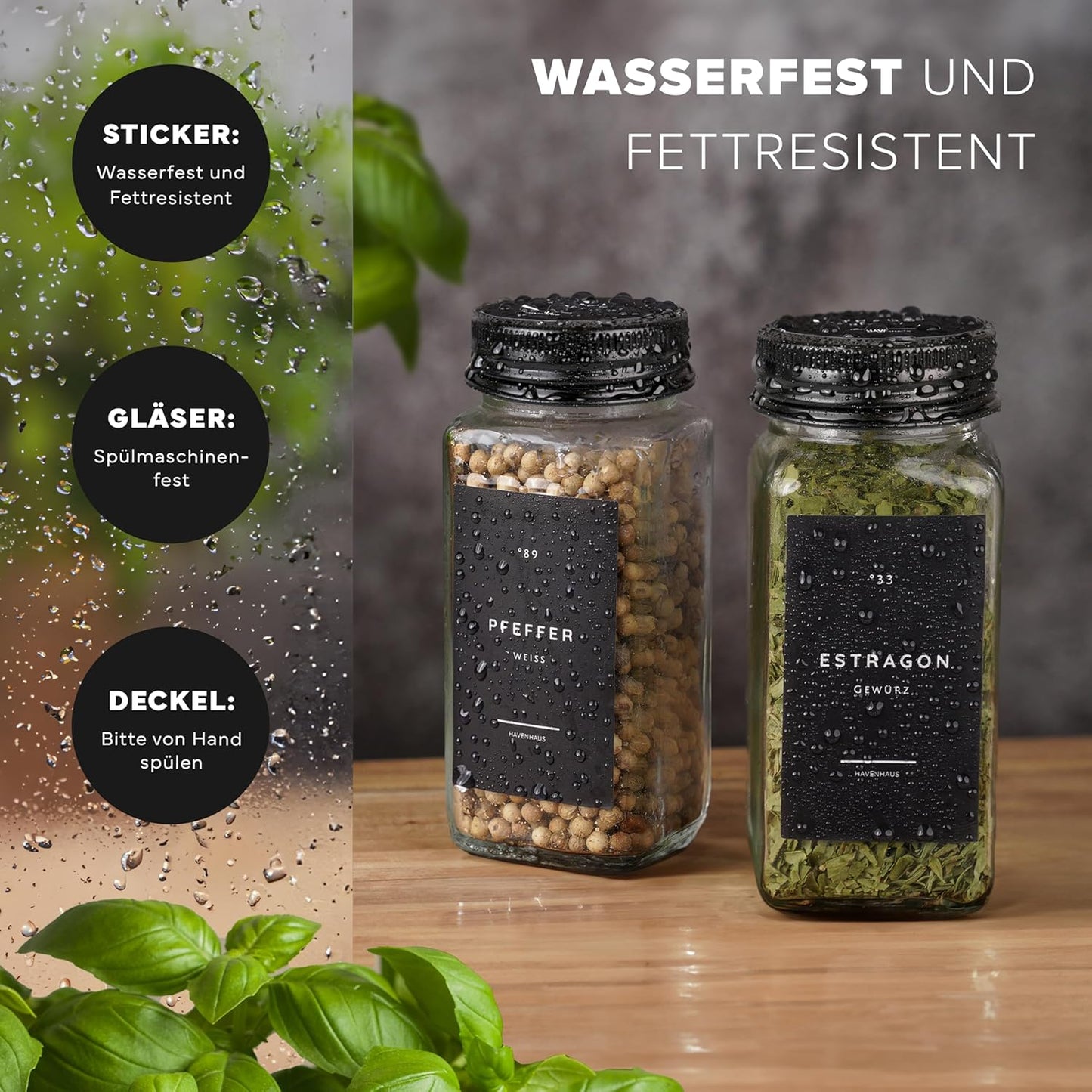 Gewürzgläser-Set mit 336 Gewürzetiketten (24 Stück), 24 Gewürzgläser Schwarze Deckel