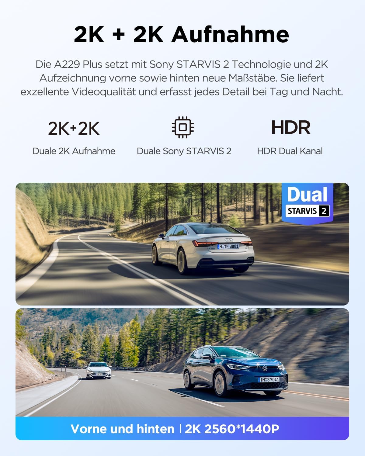 Dual Dashcam A229 Plus mit GPS und Sprachsteuerung, A229 Plus