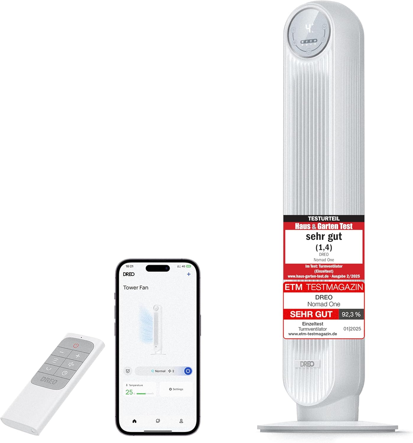 Nomad One S Smart-Turmventilator mit WLAN & Fernbedienung, WLAN Weiß