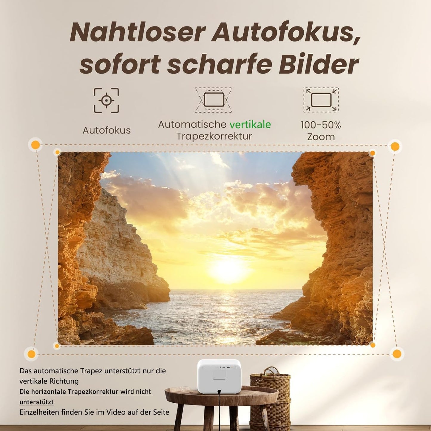 LED Projektor mit Autofokus und WiFi 6, Butterweiss