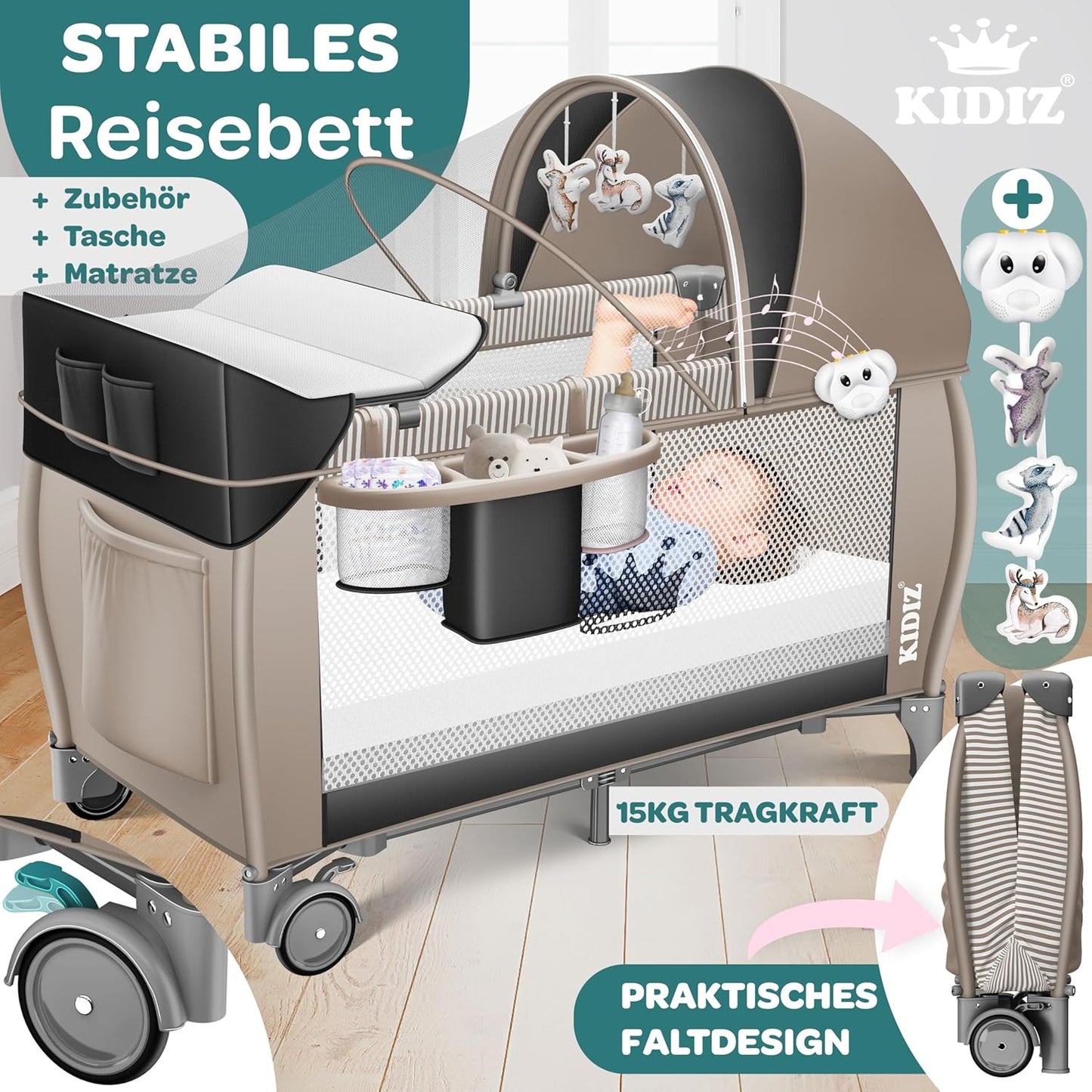 Klappbares Reisebett mit Matratze & Zubehör, Schwarz / Beige