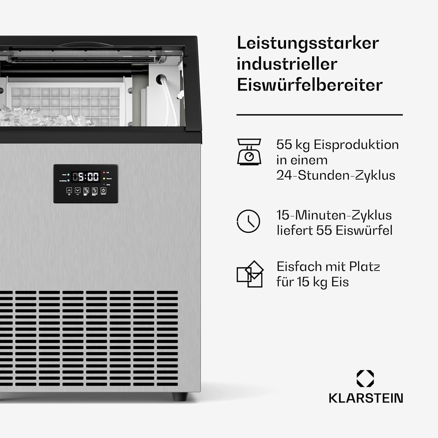 Eiswürfelmaschine mit Timer & Selbstreinigung (55 kg/24 h), 55 Kg / 24 H Schwarz & Edelstahl