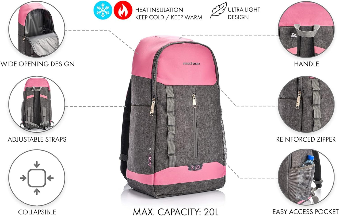 ARCTIC Thermorucksack, 20 Lang, Pink/Gray Melange