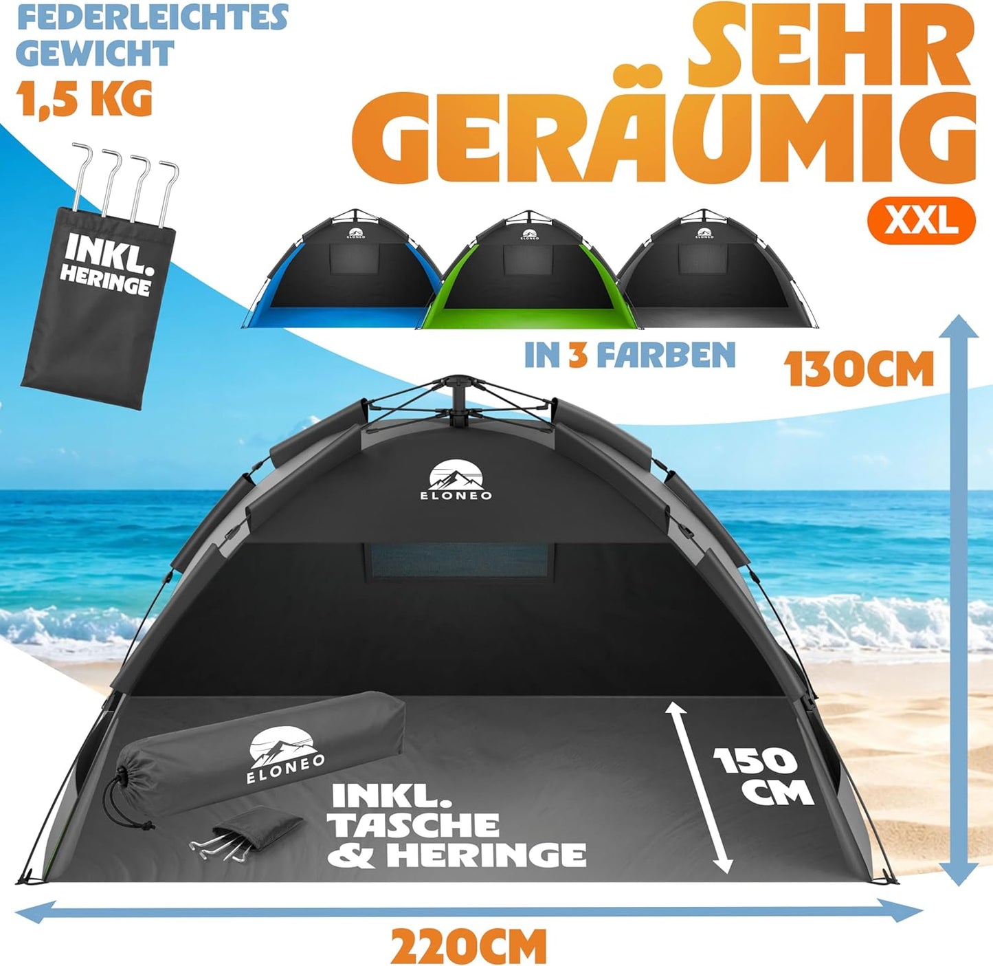 Pop Up Strandmuschel UV Schutz XXL 220x150x130 cm, Grau 220 x 150 x 130 cm