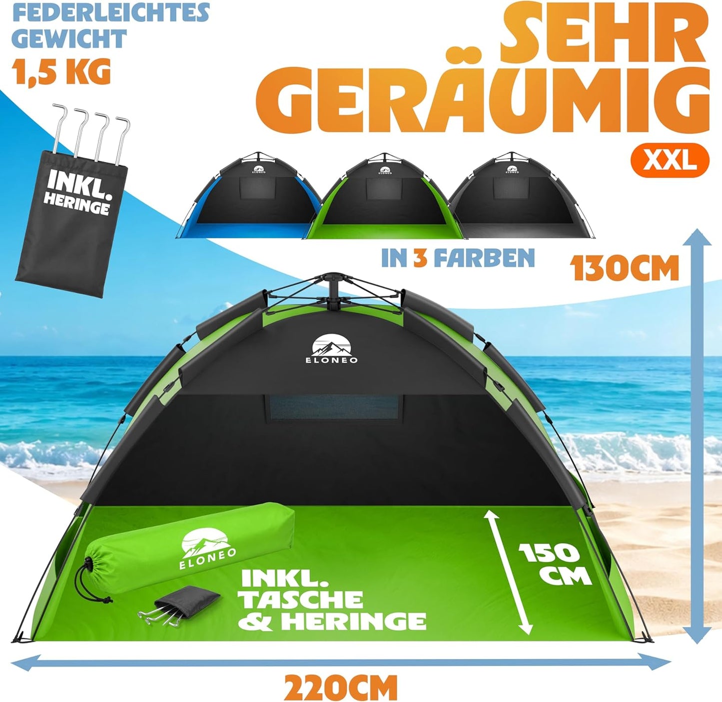 Pop Up Strandmuschel UV Schutz 80+, Grün 220 x 150 x 130 cm