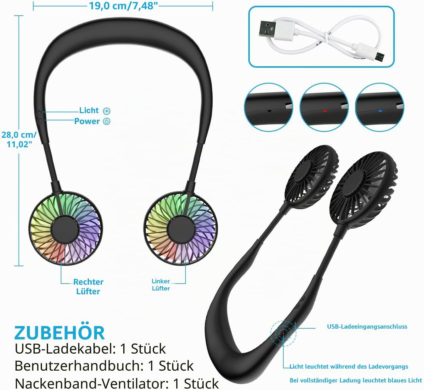 Tragbare Nackenventilator, Alles Schwarz