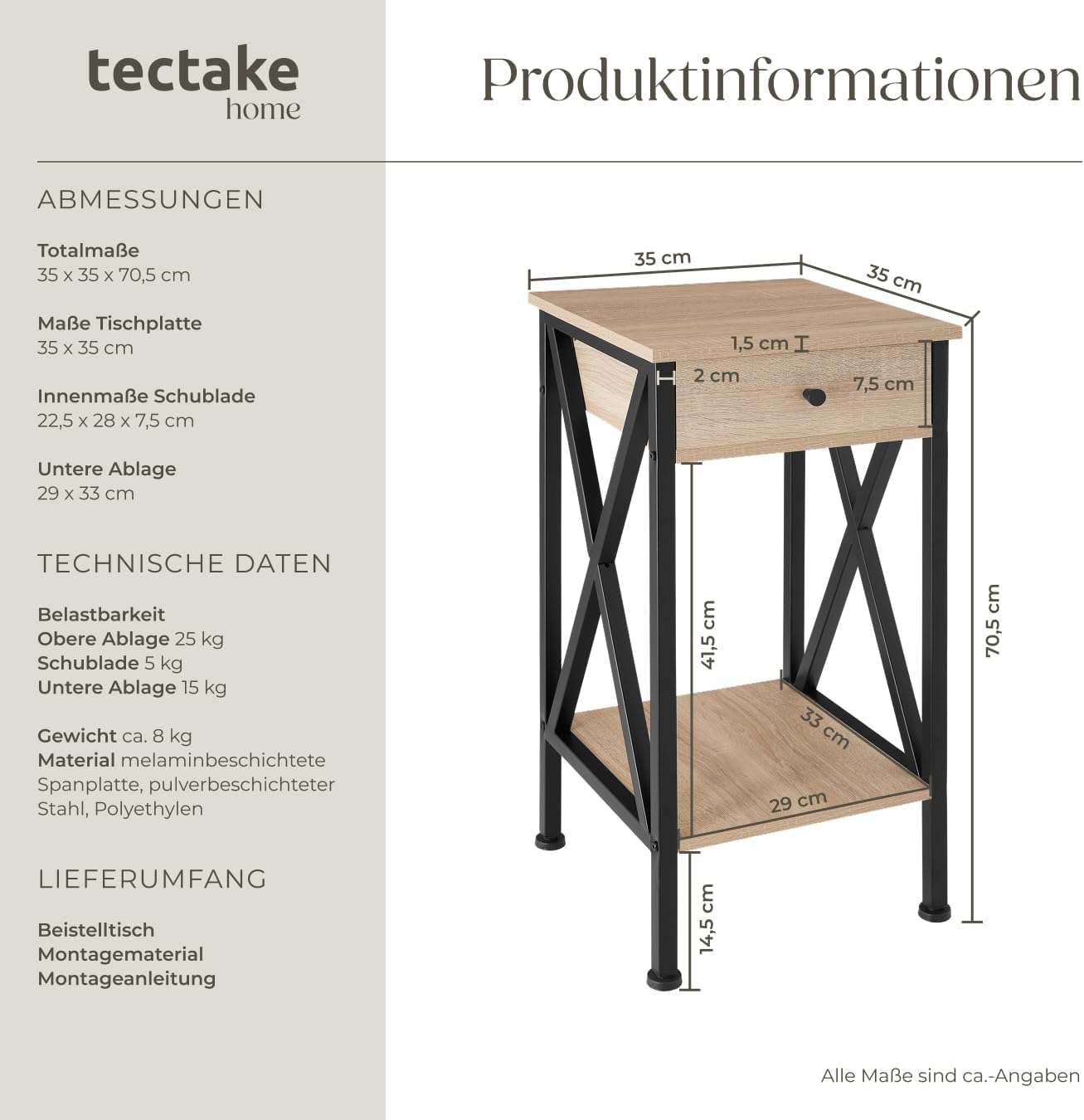Beistelltisch Dayton, Dayton Industrial Holz Hell, Eiche Sonoma
