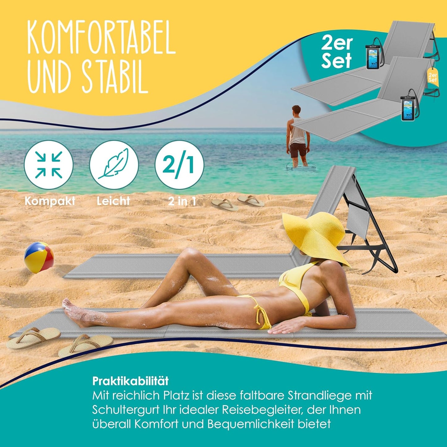 Klappbare Strandmatte mit verstellbarer Rückenlehne und Tragegurt 2er-Set, 2 Stück Grau