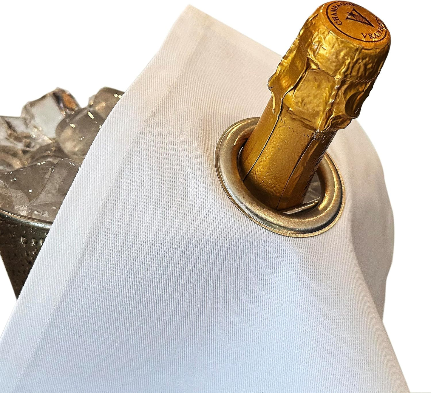 Flaschentuch mit Metallring für Eiskübel, Weiss mit Silbernem Metallring 1 Stück