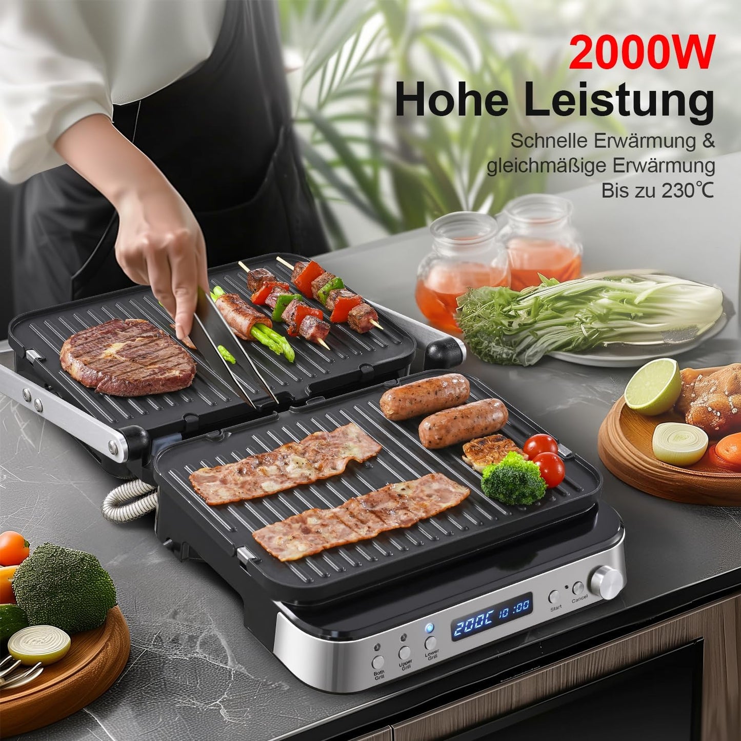 Kontaktgrill mit Wechselplatten, Schwarz & Silber
