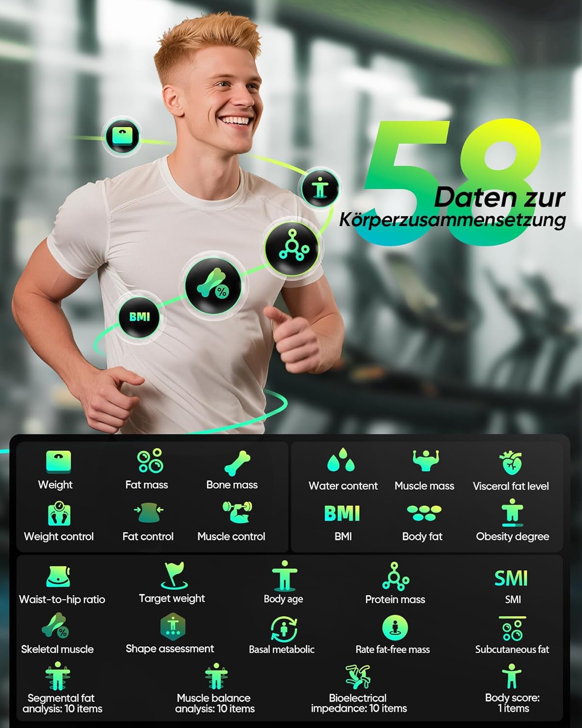 Digitale Körperfettwaage mit 8-Elektroden & App Integration, Schwarz