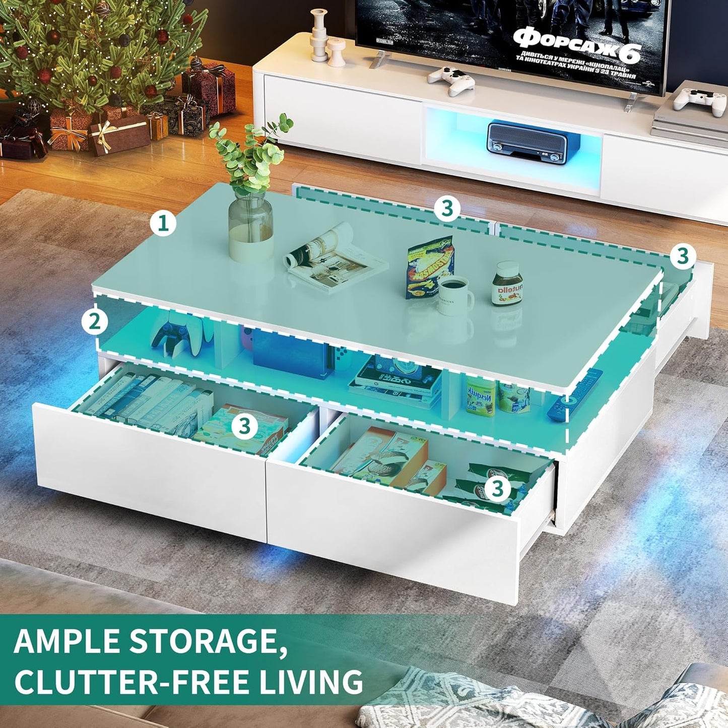 Moderner Couchtisch mit LED und Schubladen