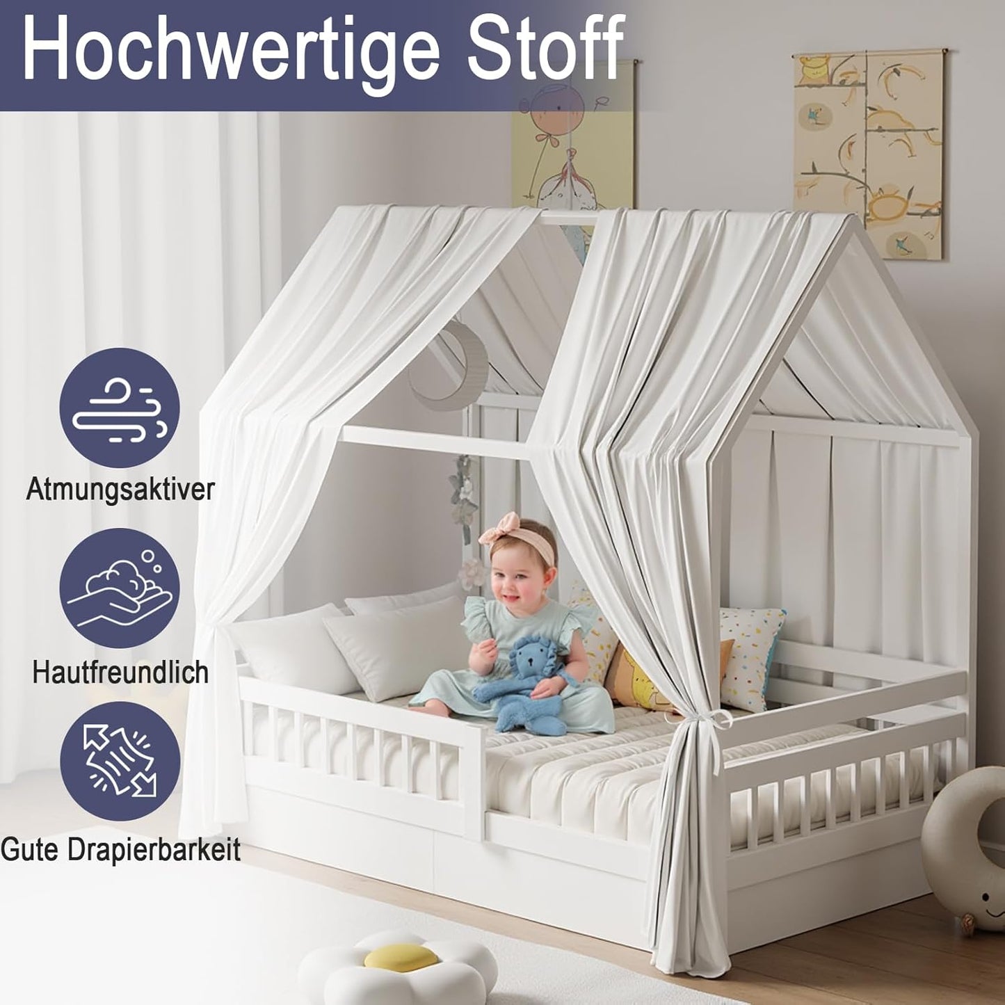 Betthimmel für Hausbett (2er Set), H270 x B67 cm (2er Pack) Weiß