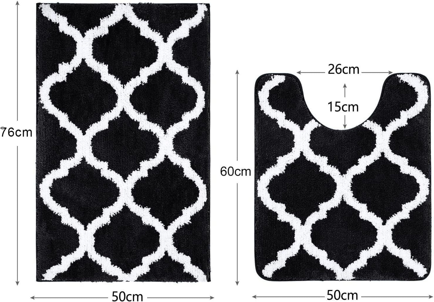 2-teiliges Badematten-Set, 50 x 60 cm (U-förmig) + 50 x 76 cm (Rechteckig) Schwarz
