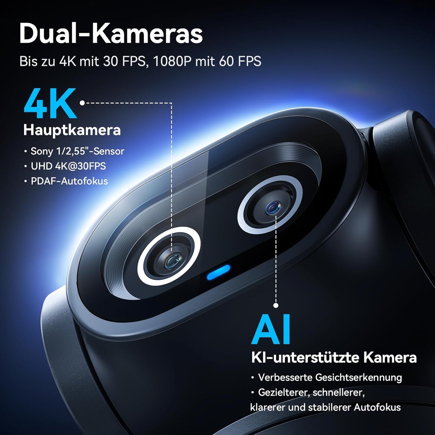 Pixy Dual-Kamera KI Webcam 4K mit Stativ & AI-Tracking, Pixy Kit