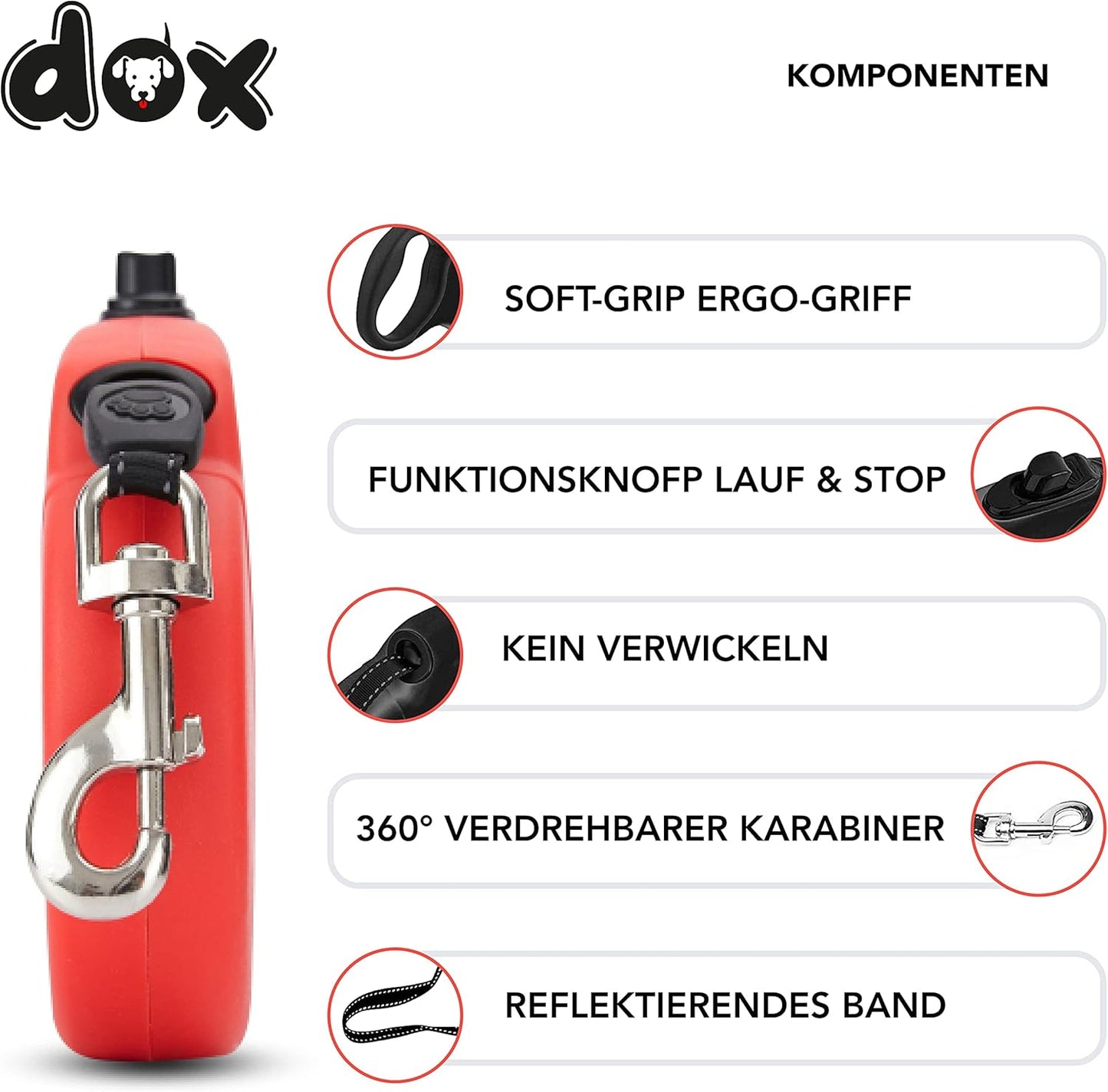 Ausziehbare Hundeleine mit Break & Lock System, S | 4 m | bis 10 kg Rot