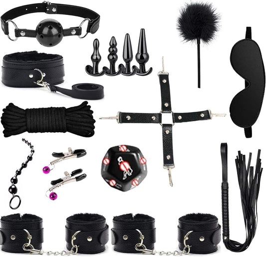 16-teiliges BDSM Set mit Federpeitsche und Augenmaske, Schwarz-16 Stück