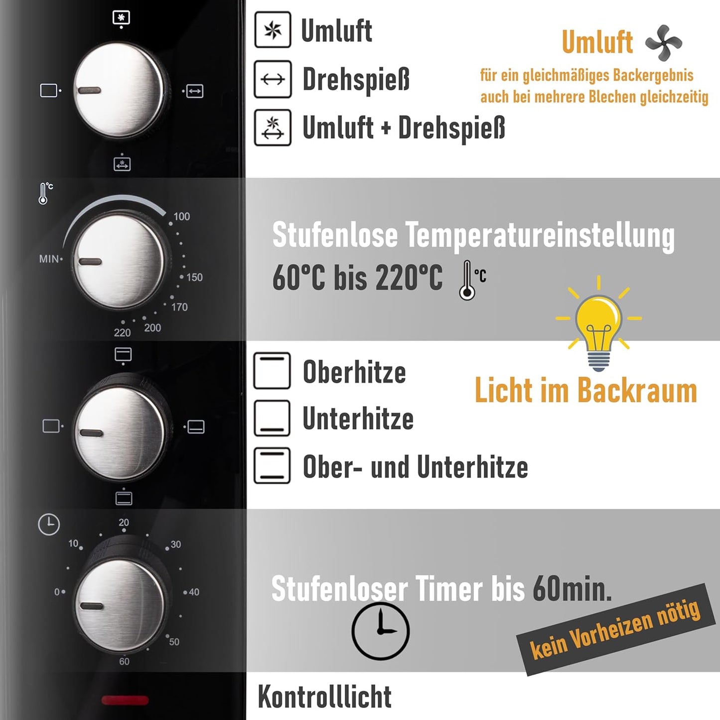 Minibackofen 70450 mit Umluft, Drehspiess und Krümelblech