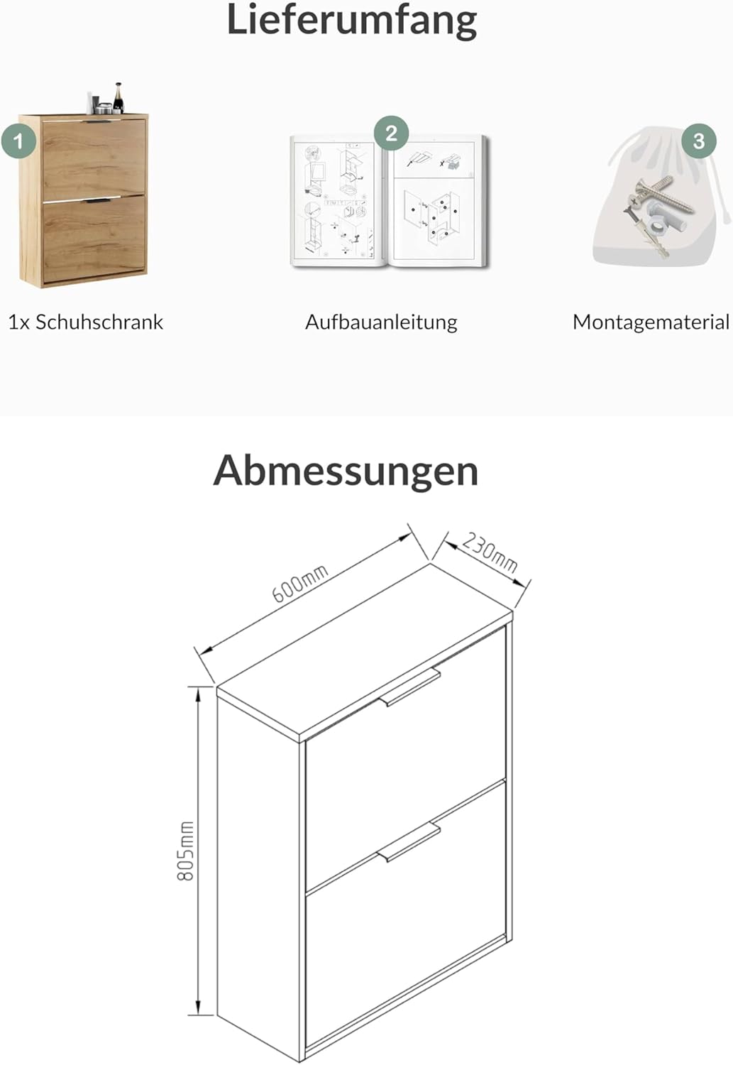 Schmaler Schuhschrank mit Klappen und Ablagen, 2 Klappen Gold Eiche
