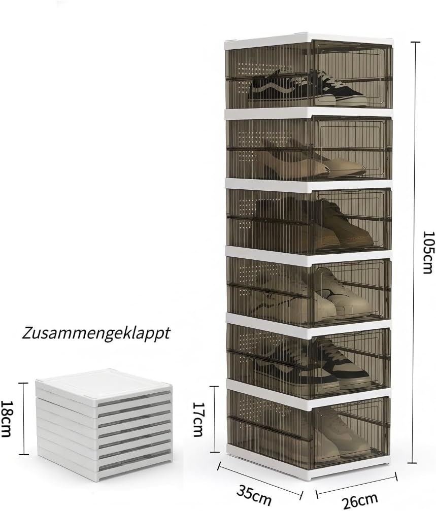 Schuhboxen Stapelbar, Transparent, Faltbar (18 Stück), Schwarz 18 Ebenen