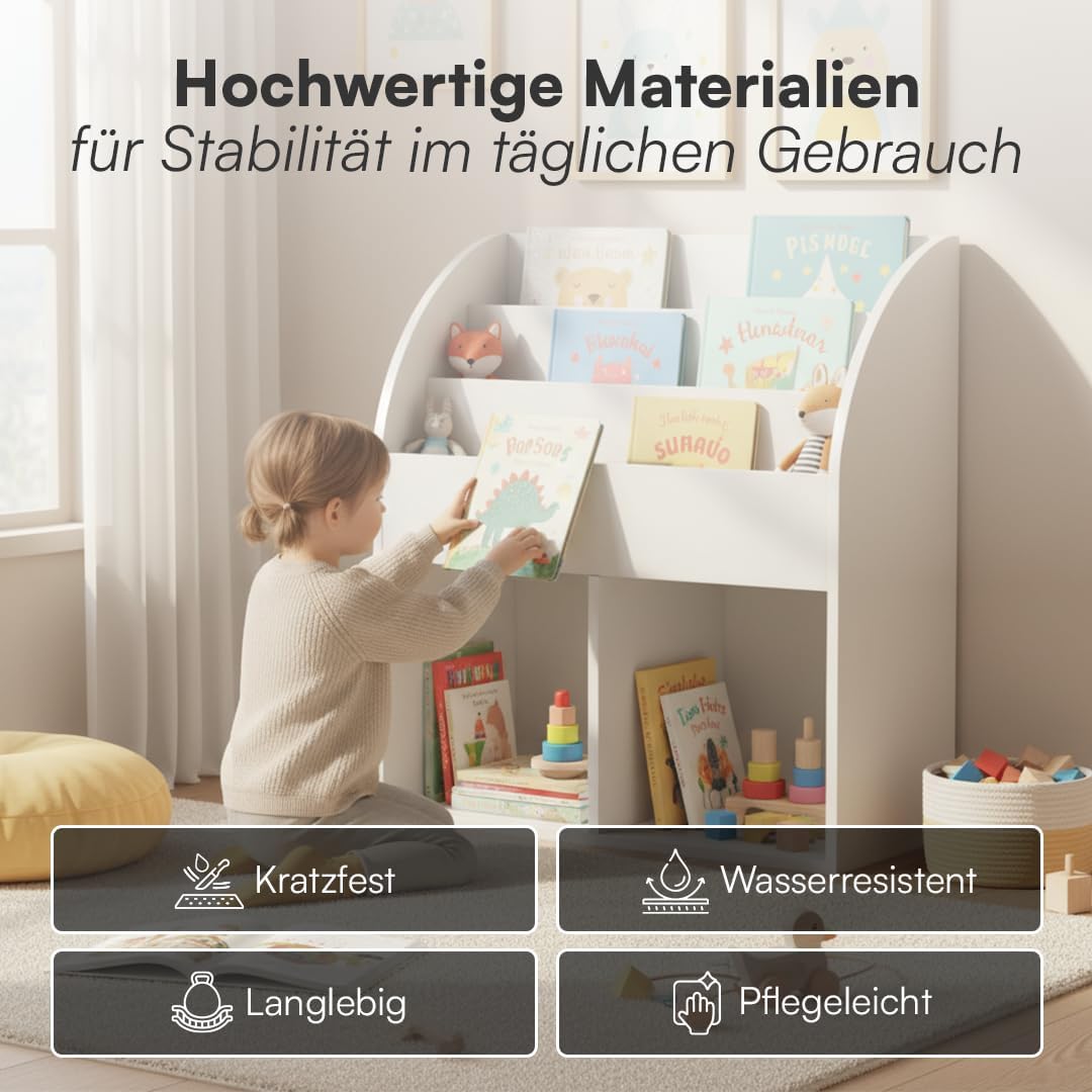 Koro Bücherregal Kinderzimmer mit 3 Fächern, 2 Faltboxen Koala/Fuchs Weiss, 2 Fächer