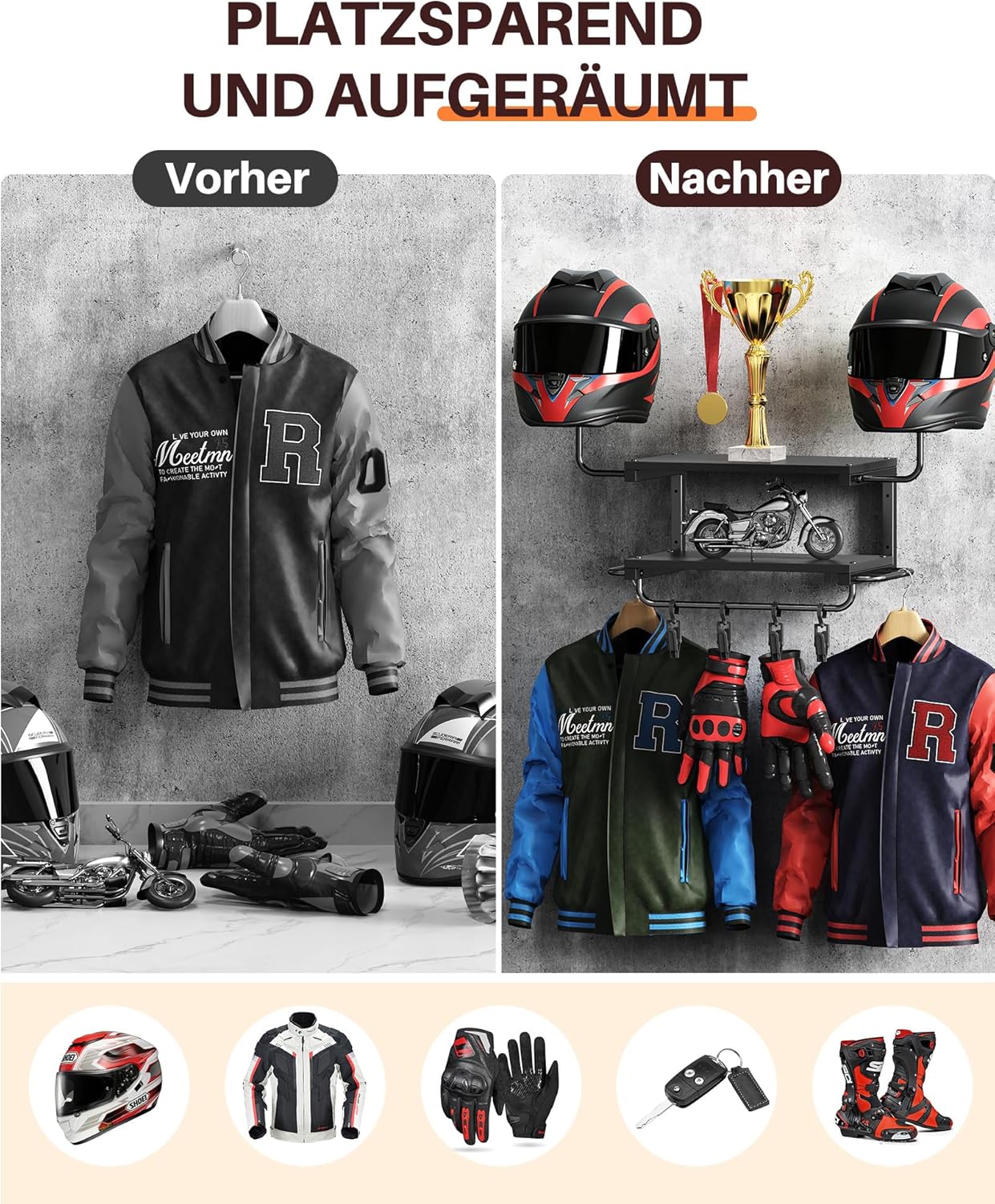 Helm-Wandhalterung mit 2 Ablagen und Haken-Set, Schwarz-klein