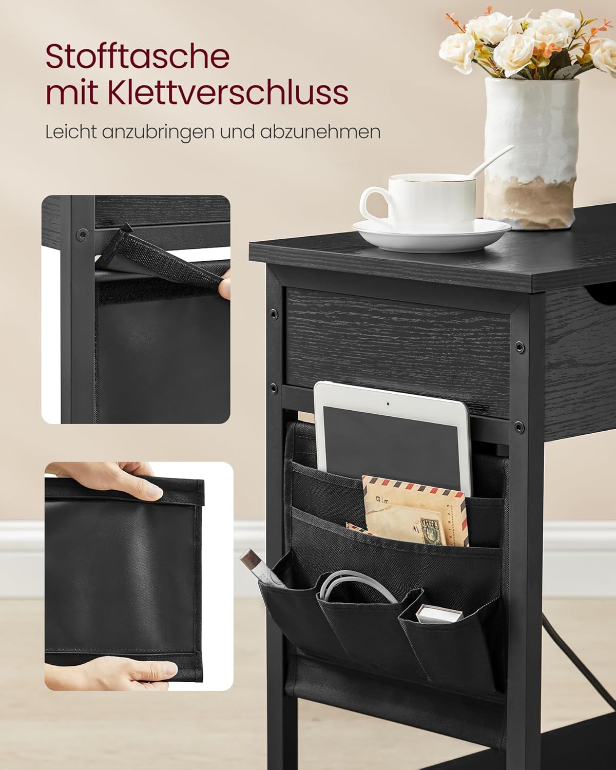 Beistelltisch mit Steckdose und USB-Anschlüssen, 1 Schwarz + Holzmaserung