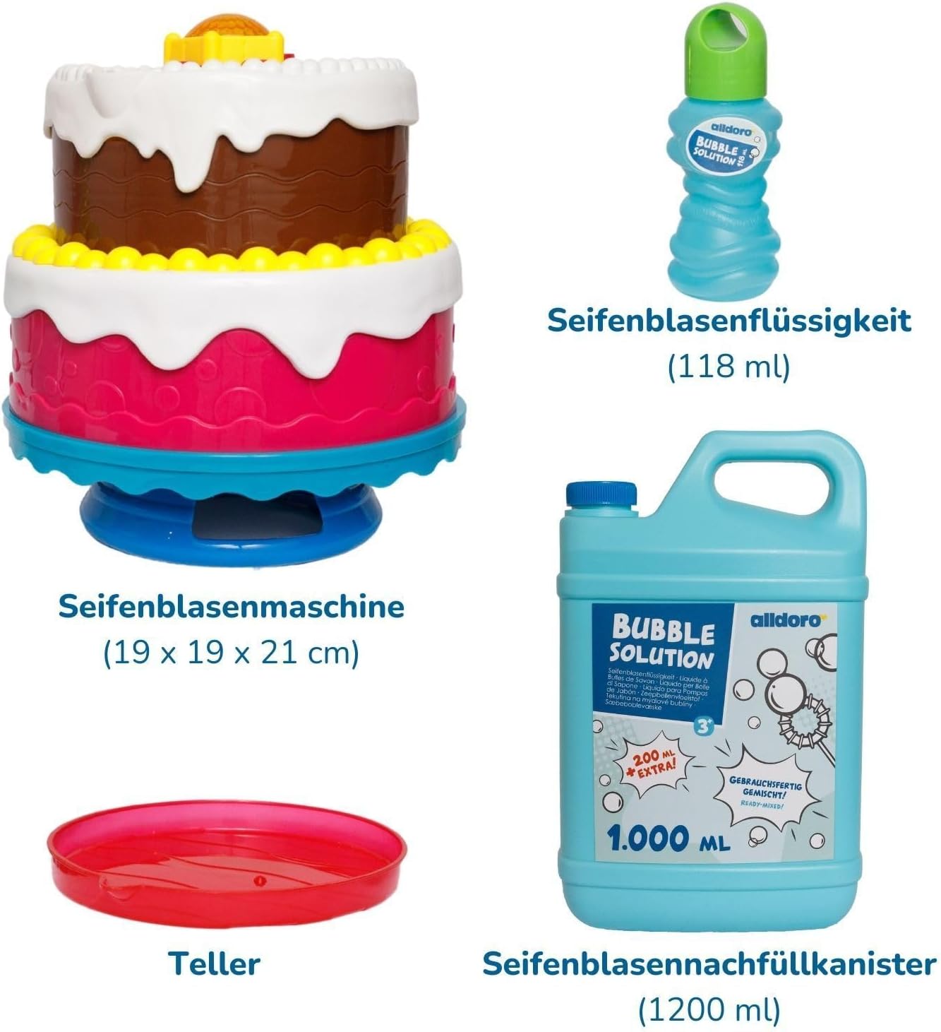 Seifenblasenmaschine mit Nachfüllflasche, Seifenblasenmaschine Torte + Nachfüllkanister