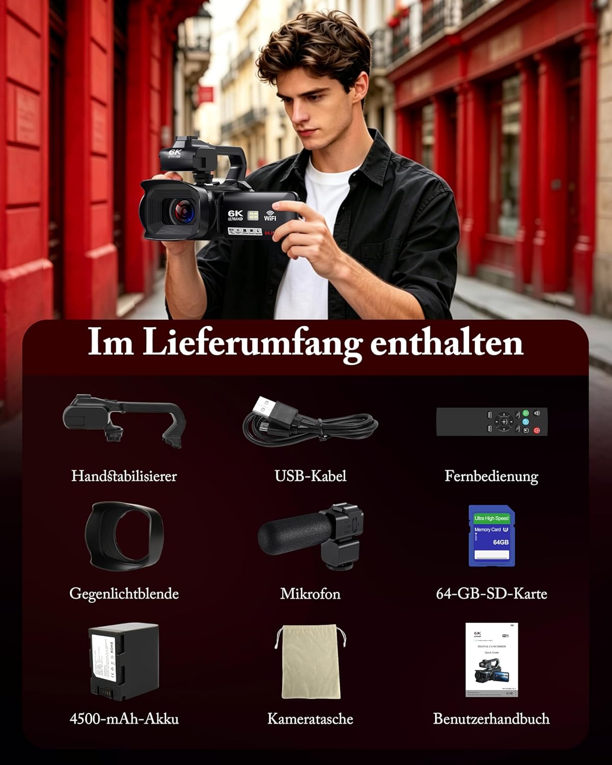 Videokamera mit Nachtsicht und Stabilisator, Schwarz