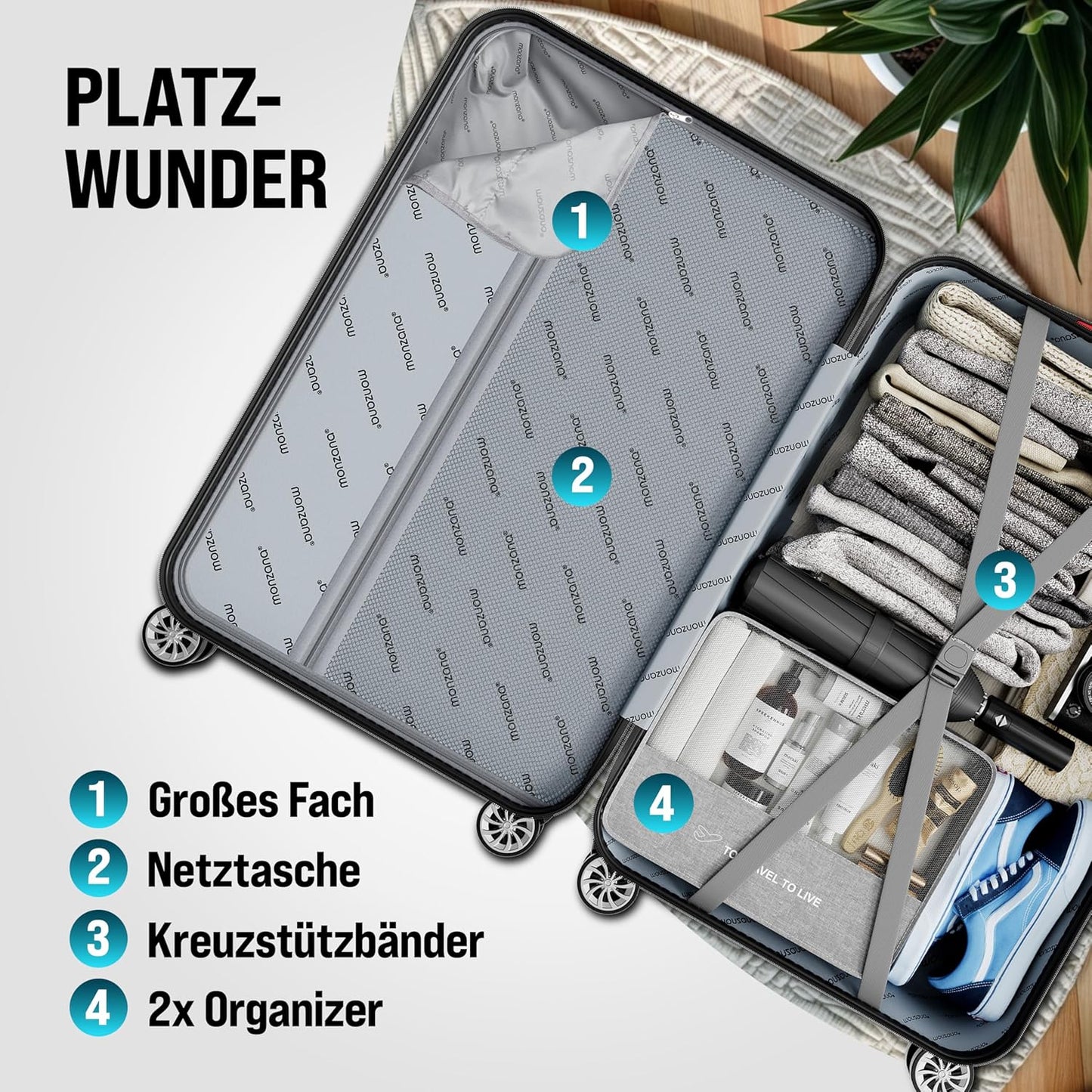 Hartschalenkoffer mit Zubehör 4er Set, Schwarz