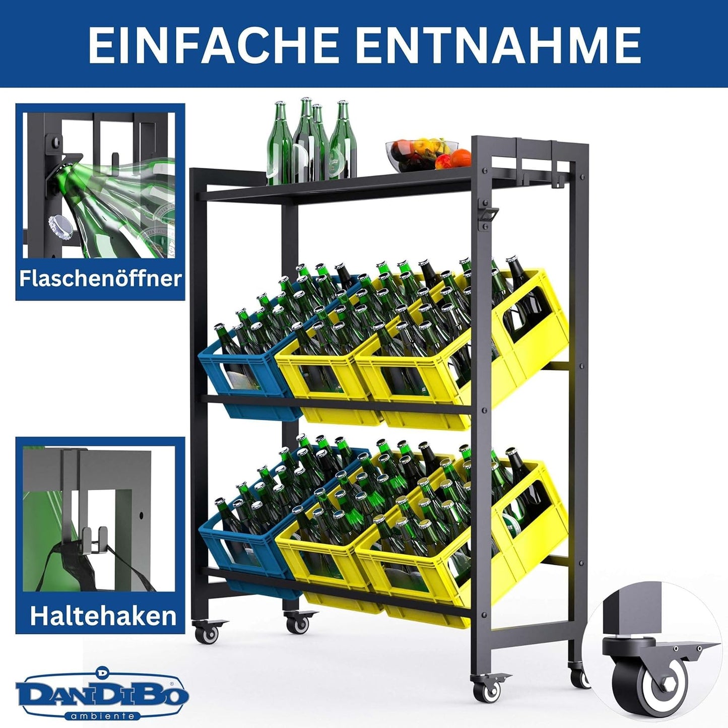 Getränkekistenregal mit Ablage und Rollen